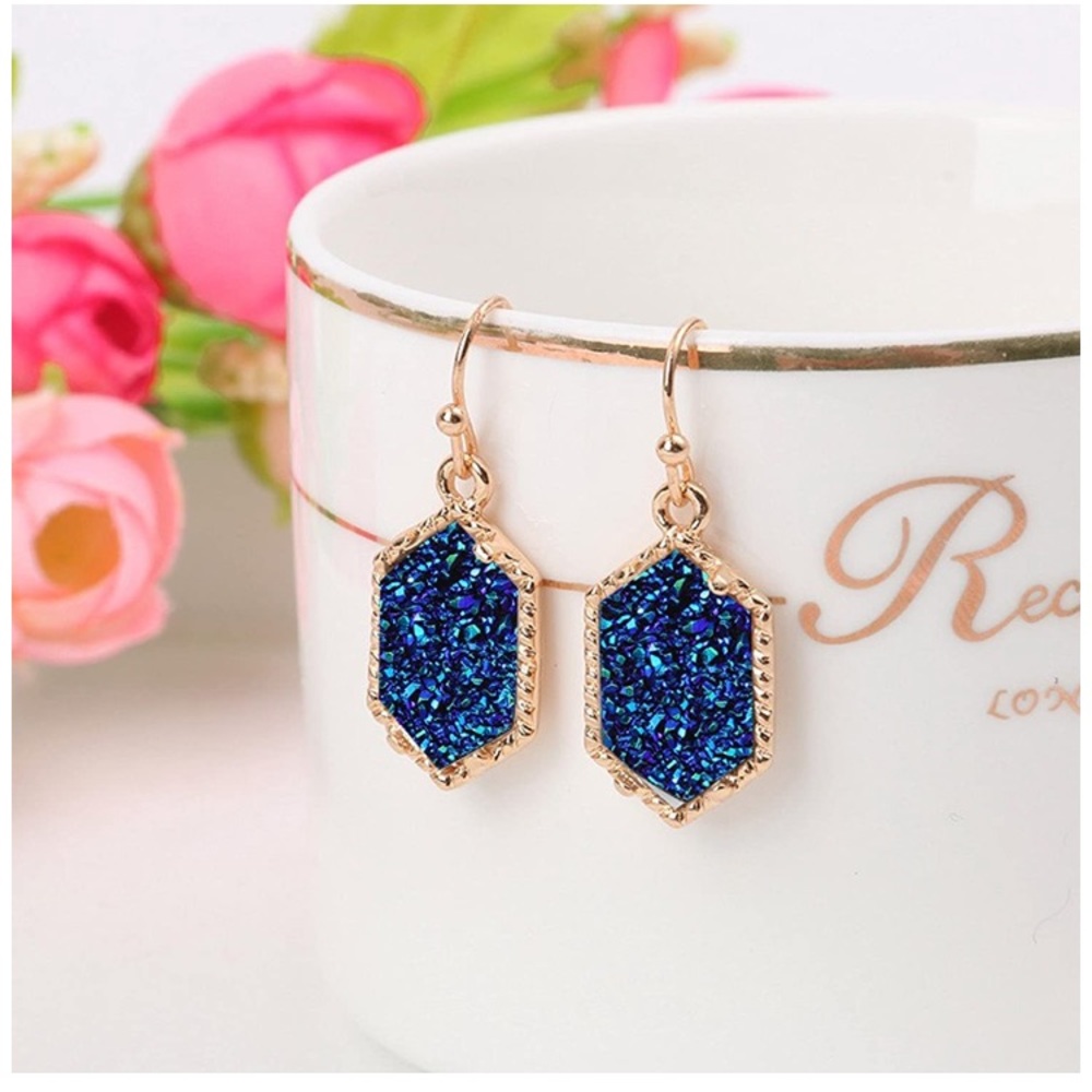 🆕Blue & Gold Hexagonal Druzy Earrings
